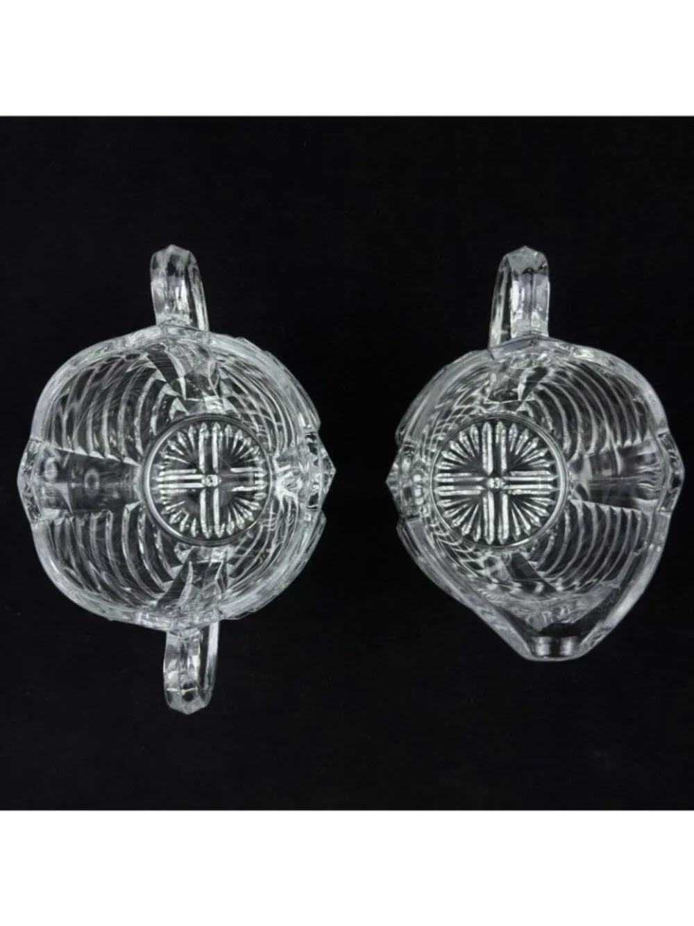 Vtg Clear Pressed Glass Creamer Sugar Bowl Set Scalloped Fan Starburst Handles